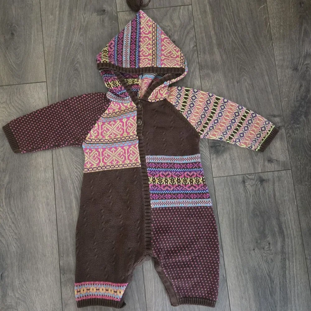 Vintage Hanna Andersson 70 6-12M Knit Romper Pixie Hood Boho Patchwork Sweater